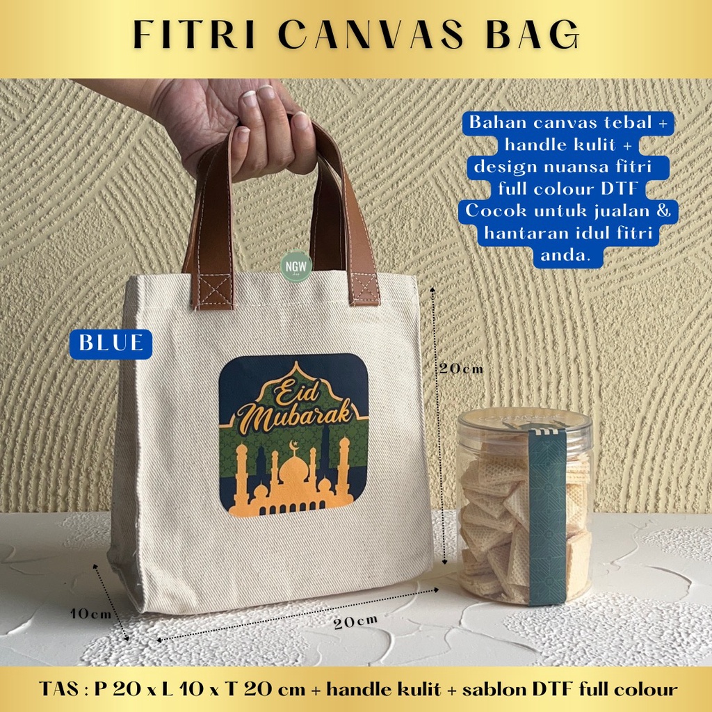 TATA bag canvas tas hampers idul fitri lebaran goodie bag + design 20x10x20 handle kulit