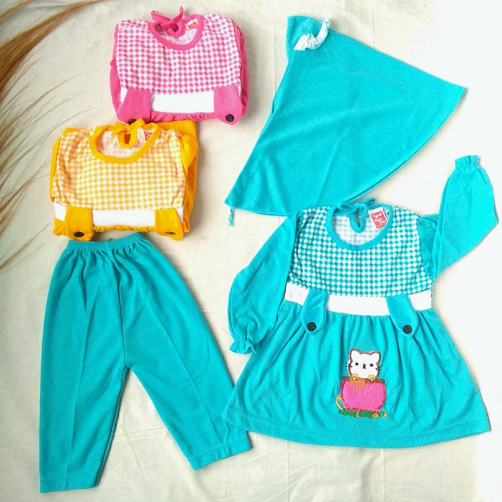 One Set Baju Anak Perempuan Muslim wanita Gamis Bayi  Lucu + Jilbab / Gaun Panjang Bayi / Baju Lebaran Bayi