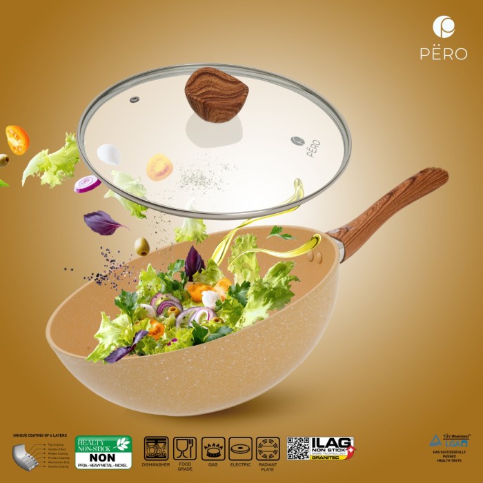 PERO BIOGRANITE WOKPAN 28CM WOODEN HANDLE WITH LID