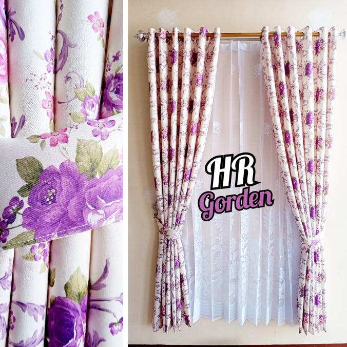 Gorden jendela pintu blackout motif bunga sakura warna ungu
