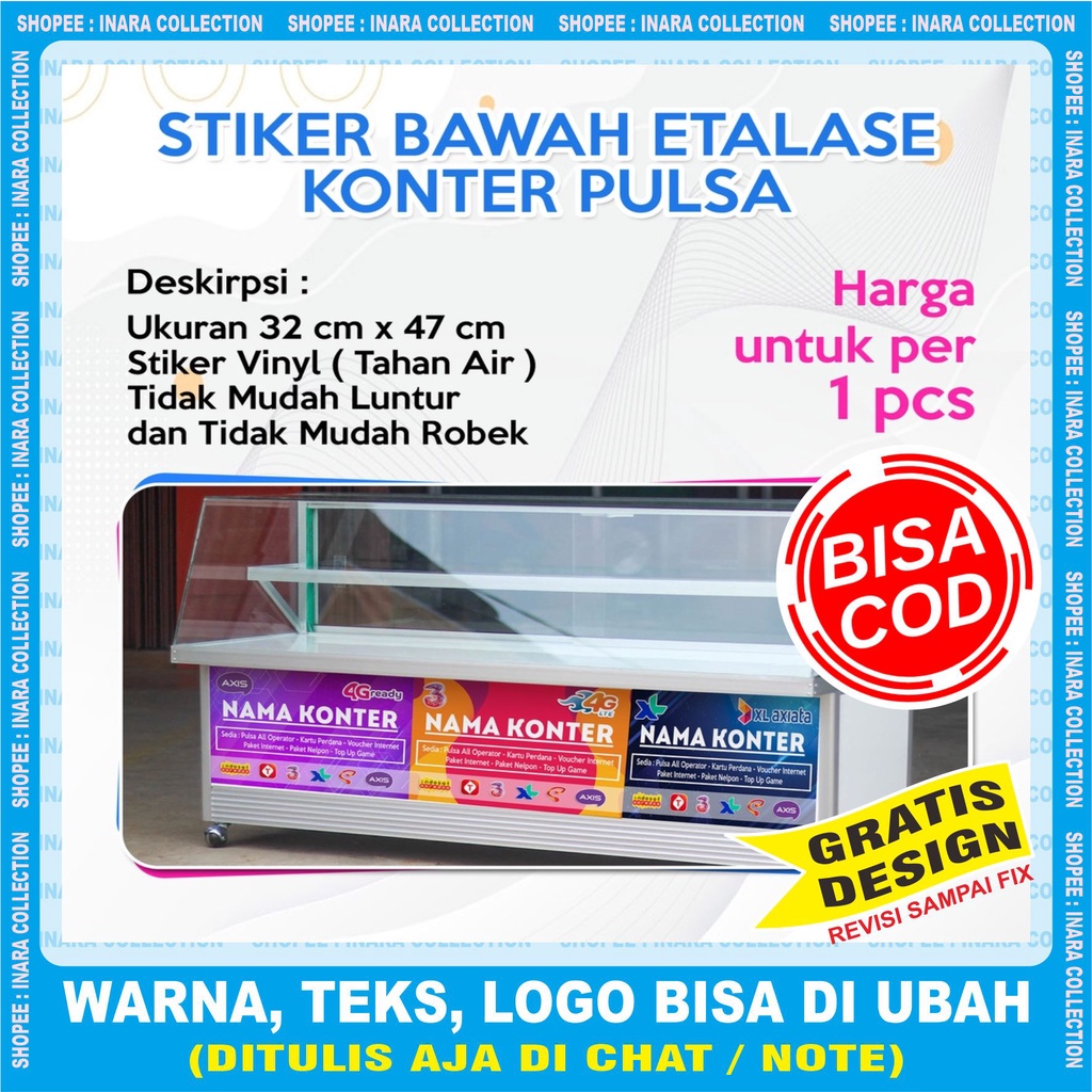 

STIKER ETALASE KONTER PULSA WARNA TAJAM ANTI LUNTUR / CUSTOM NAMA