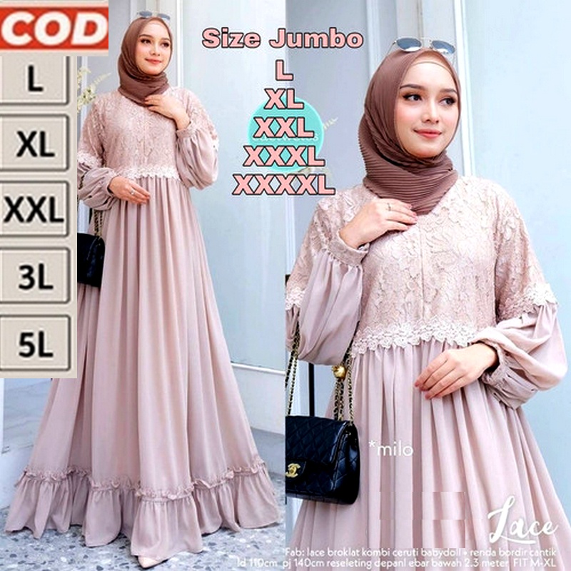 Dress Gamis Brukat Jumbo Warna Milo Coksu Motif Cantik Mewah Kekinian XL XXL XXXL 5L 2XL 3XL LD 120 