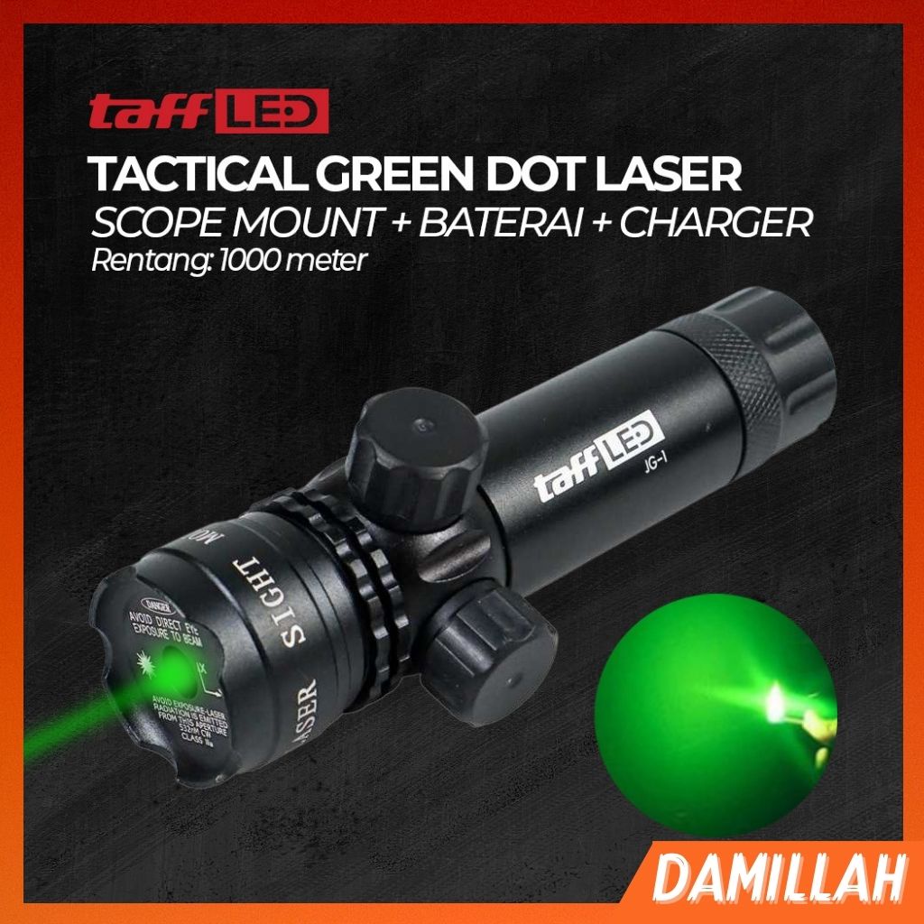 Senter Lampu LASER Senapan Jarak Jauh Warna Merah Hijau Tactical Green Dot Laser + Baterai + Charger