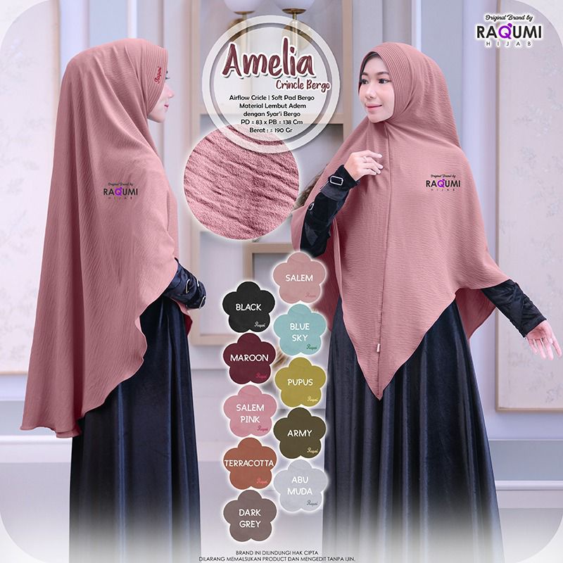 Bergo Hijab || Raqumi Hijab || Amelia Bergo Hijab bahan Airflow Crincle sangat lembut dan adem denga