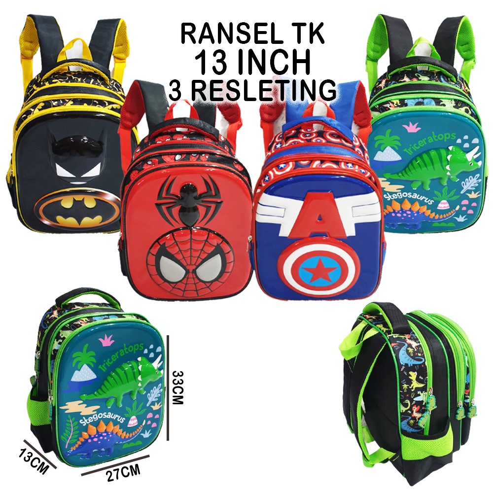 RANSEL TK 13inch dan 16inch TAS ANAK LAKI LAKI KARAKTER KARTUN ANIMAL DINO DINOSOURUS GOGO MITE STAR GLOSSY MOTIF TIMBUL 3Resleting ( 13inch - 12inch - 16inch Luwi Cool )