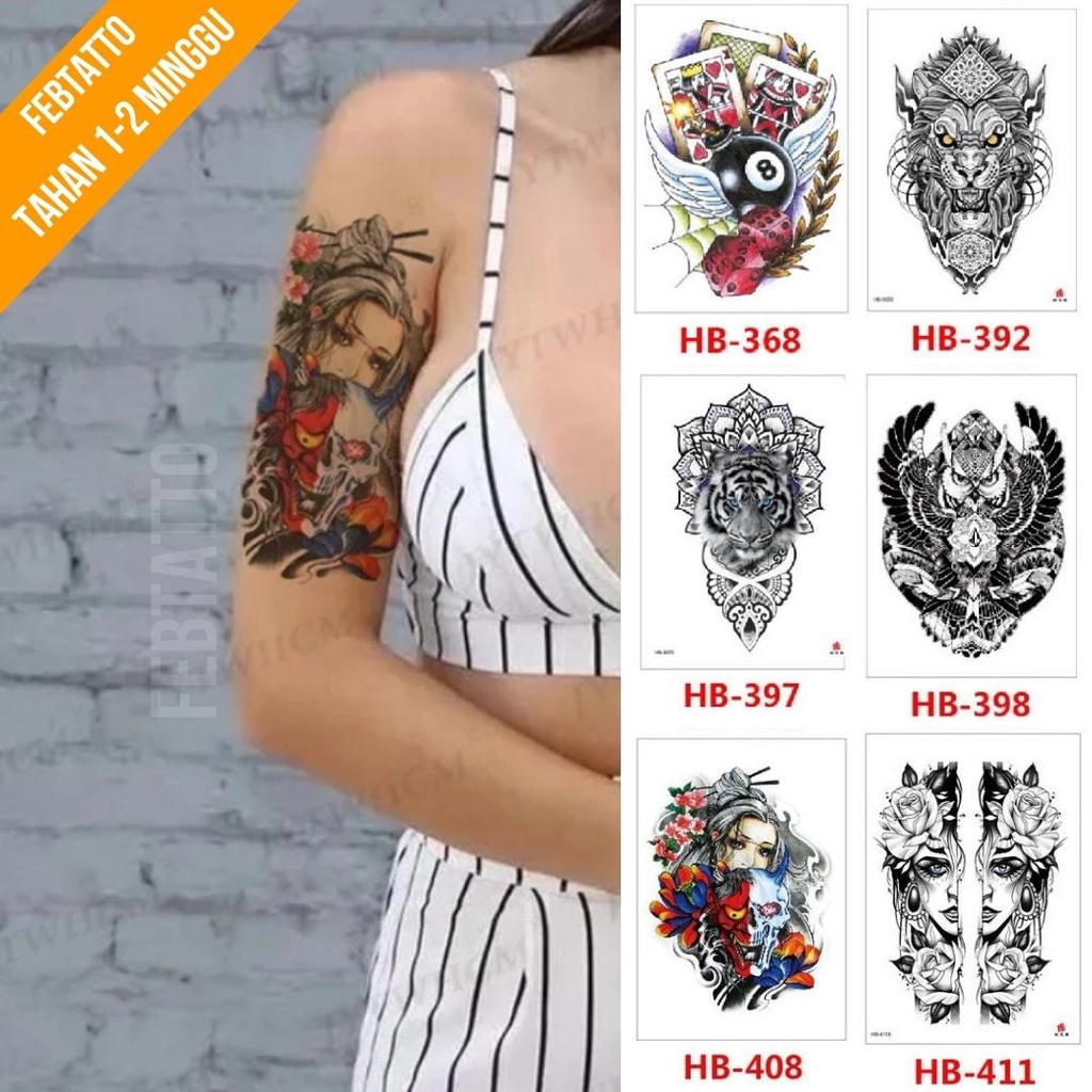 Tato Temporer Ukuran 21cmx15cm Motif Aesthetic Tatto Temporary Stiker Tato Halal Grosir Tato air motif macan, perempuan, bunga, kartu, burung  HB 408