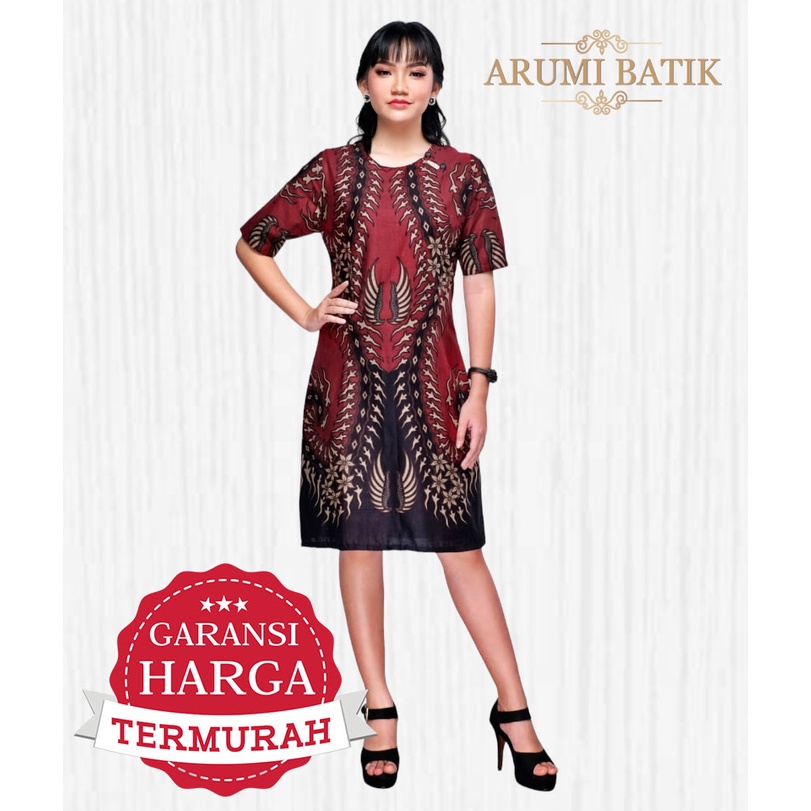 Dress Batik Wanita Baju Seragam  Formal Kerja 3202 Merah Maroon