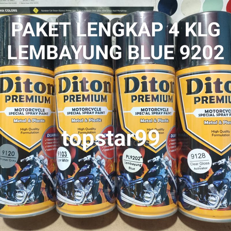 Diton Premium Paket Lengkap 4 Kaleng 400cc Lembayung Blue Biru 9202 Primer Grey 9120 Super White 9103 Clear Glossy 9128 Pilox Pilok Cat Semprot Spray Paint