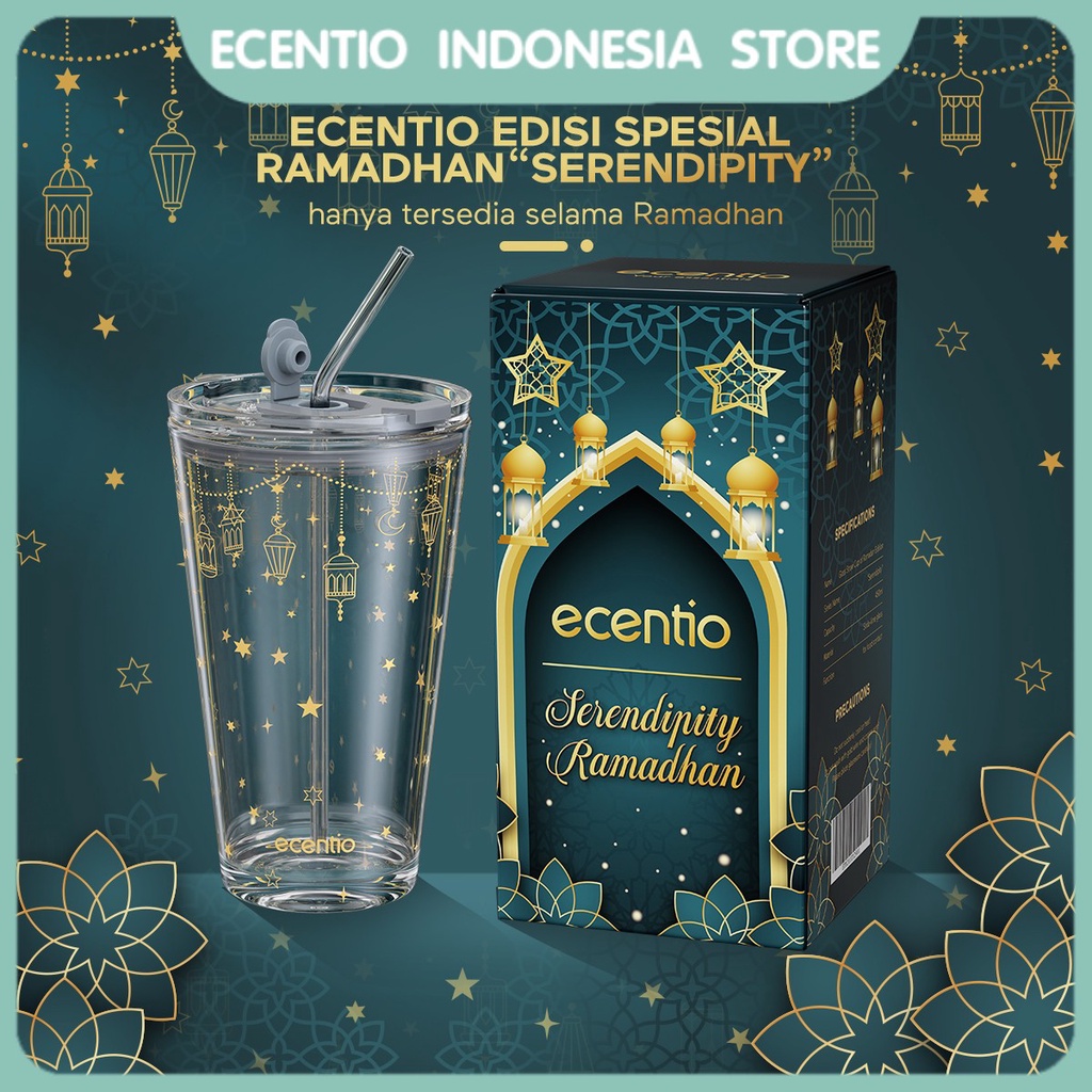 ecentio Tumbler Gelas Kopi Kaca 450/370/350ml Bening Gelas Free Sedotan Dan Tutup Anti Bocor Mug Coffee Botol Minum Cup Souvenir Hadiah