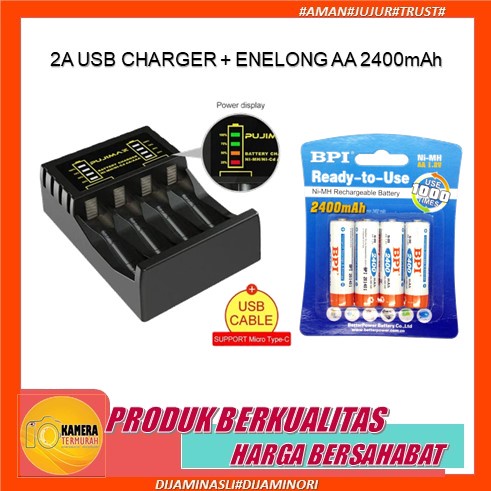 PAKET 2A USB Charger 4 Slot + Baterai Cas ENELONG AAA/AA 900/2100/2400/2700mah