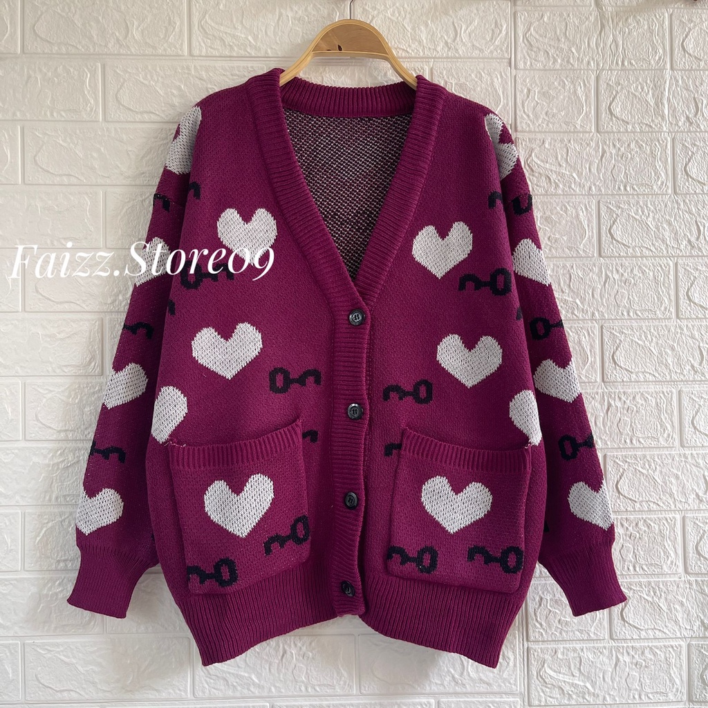 CARDIGAN RAJUT KANCING VALENTINE MOTIF LOVE KUNCI OVERSIZE OUTER WANITA