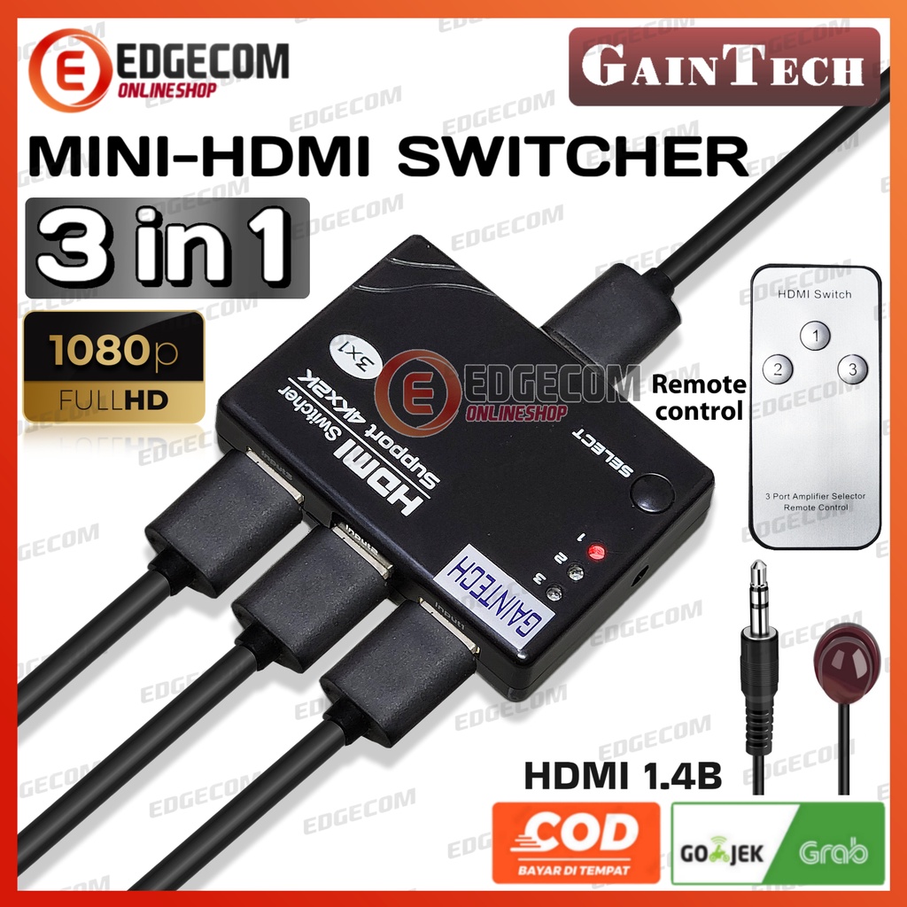 GAINTECH MINI HDMI SWITCH 3 x 1  with IR Remote HD 1080p