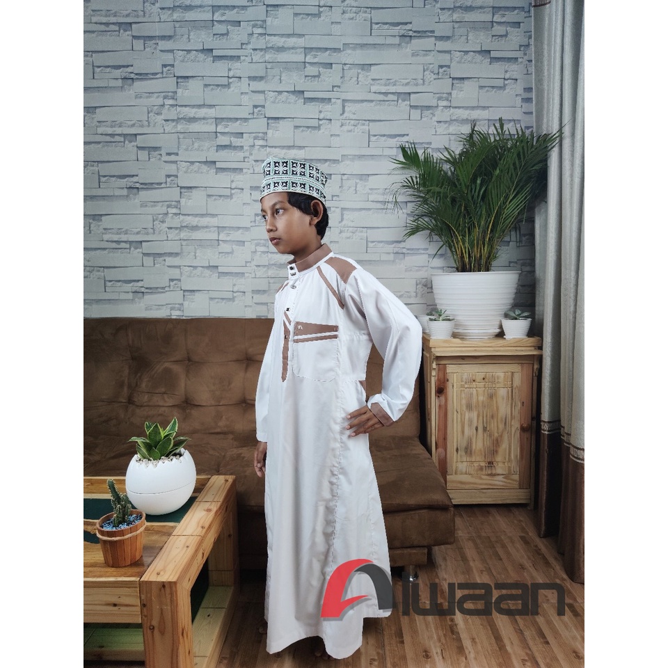 Baju/pakaian muslim pria koko gamis jubah anak ALWAAN/ATTALWIN model JA018 warna PUTIH/white