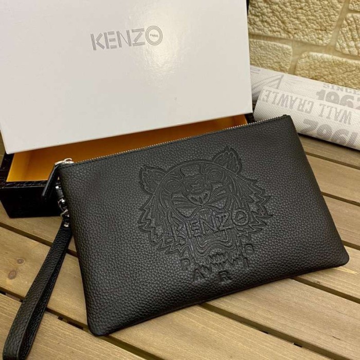 Terlaris Tas Kenzo Pouch Tiger Embossed Full Leather Black Clutch 100% Original