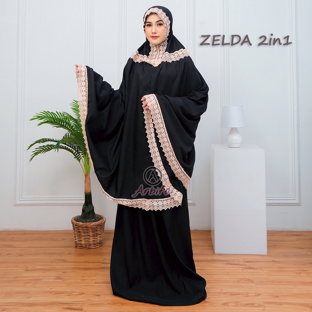 Mukena 2 in 1 Traveling Dewasa Katun Premium Adem Mewah Renda Kalung Zipper Series Zelda