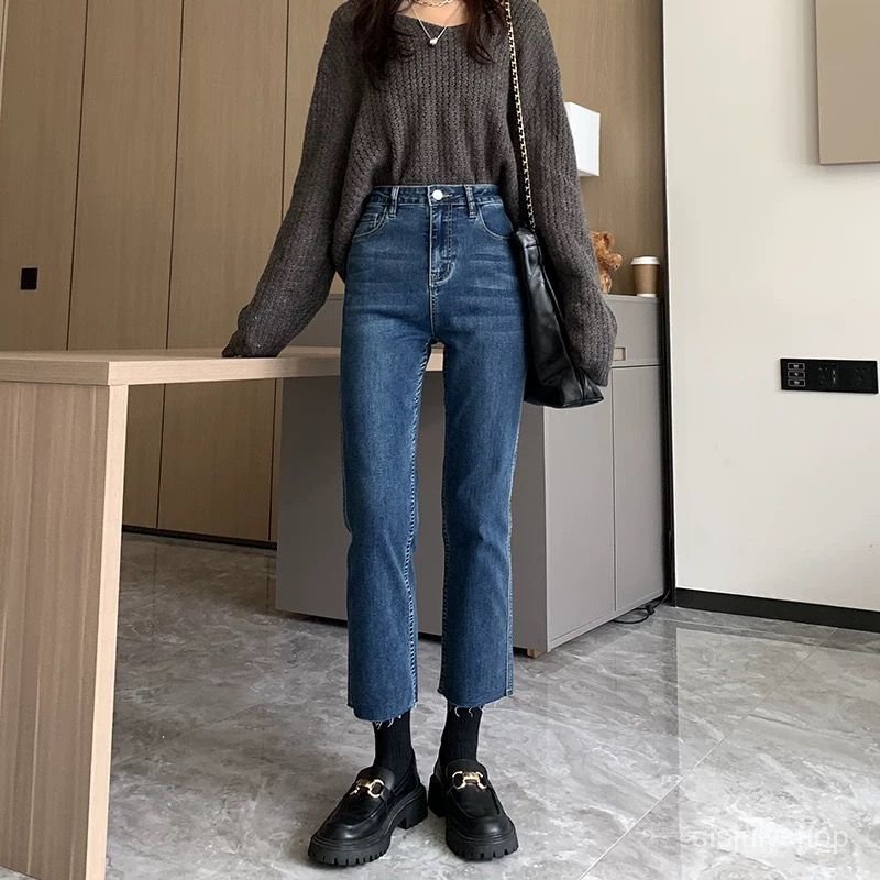 [✅BISA COD] #Sisjuly# Jeans lurus baru wanita dengan pinggang tinggi sembilan titik skinny jeans lon