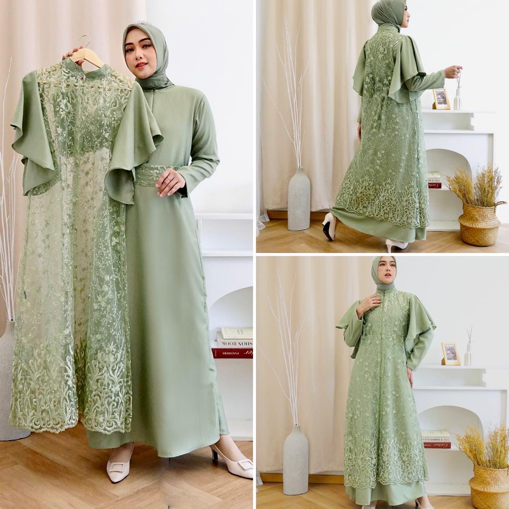 2IN1 GEORGINA DRESS INNER + OUTER BRUKAT TILLE PREMIUM / FREE BELT / SET GAMIS MAXI DRESS KONDANGAN PLUS OUTER BROKAT TILE