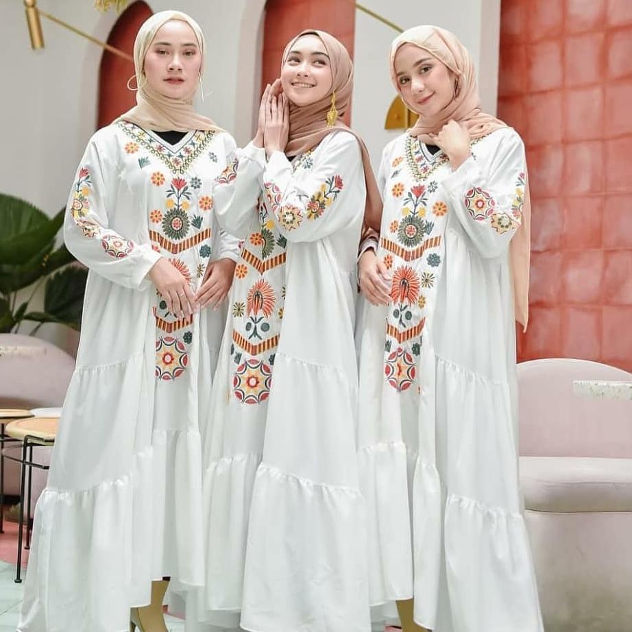 HARGA BERSAHABAT Ramadhani Dress Gamis Putih Bordir M-XXXL Jumbo Gamis Bordir Turki Gamis Bordir Bun