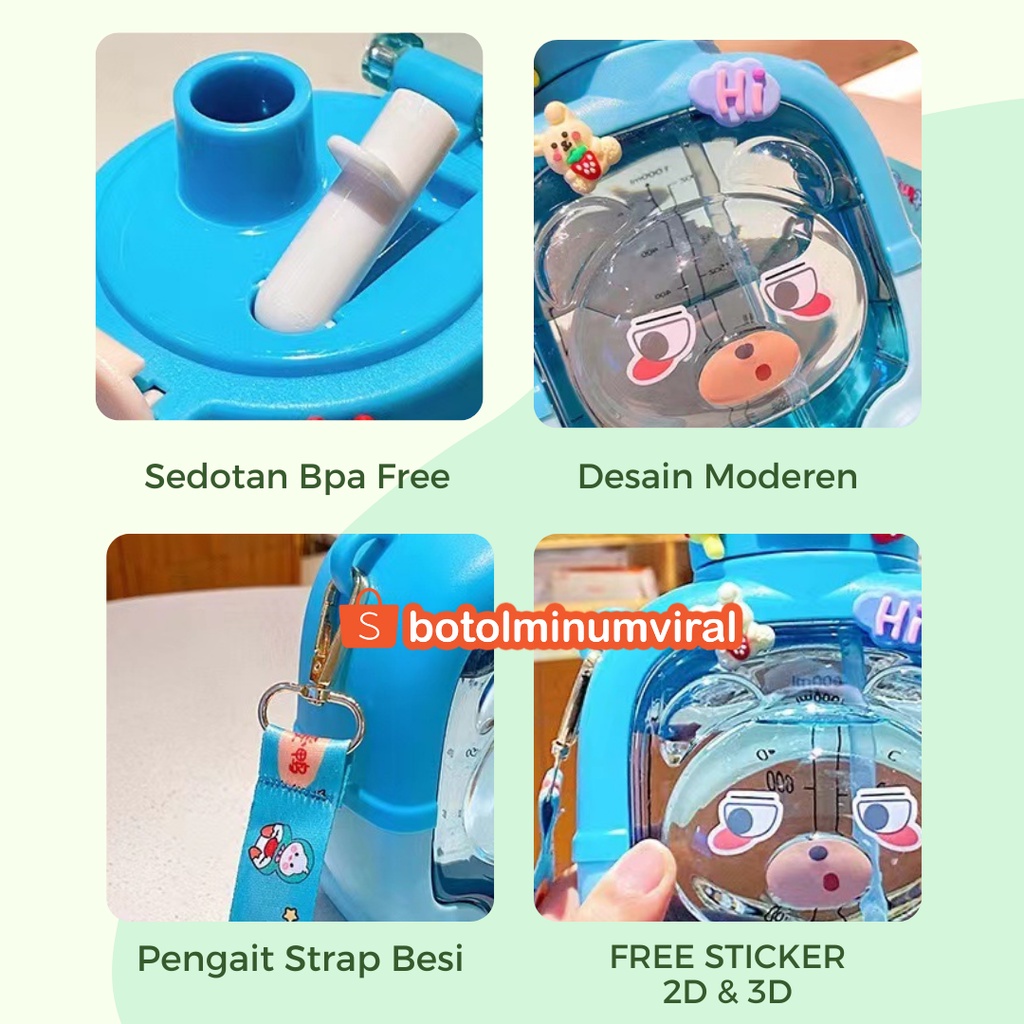 Botol Minum Viral Anak Free Sticker 2D 3D Karakter Sedotan Tali Lucu