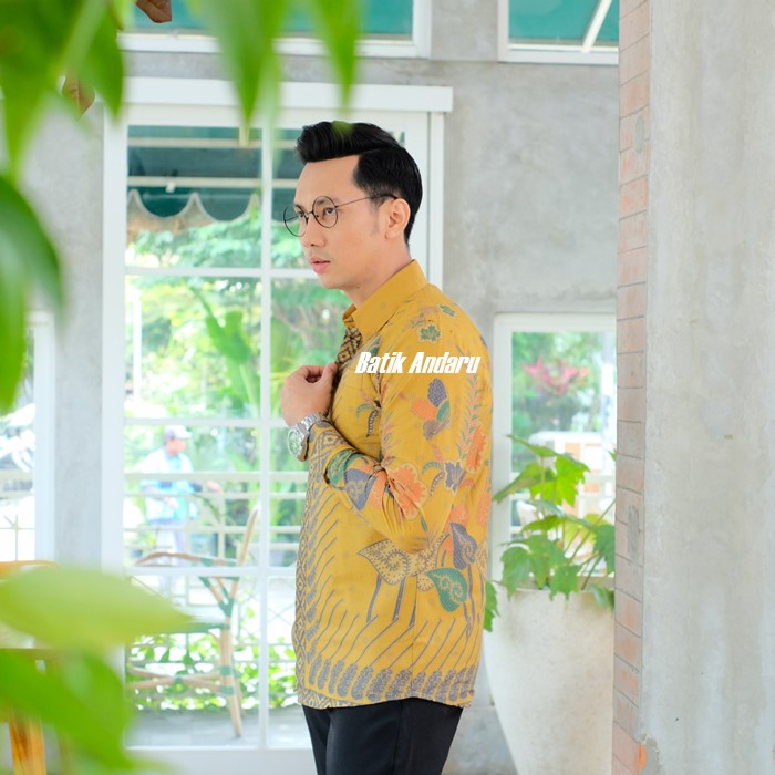 Baju Kemeja Batik Pria Slim Fit Lengan Panjang Modern Heem Premium Warna Lemon Kuning Soft