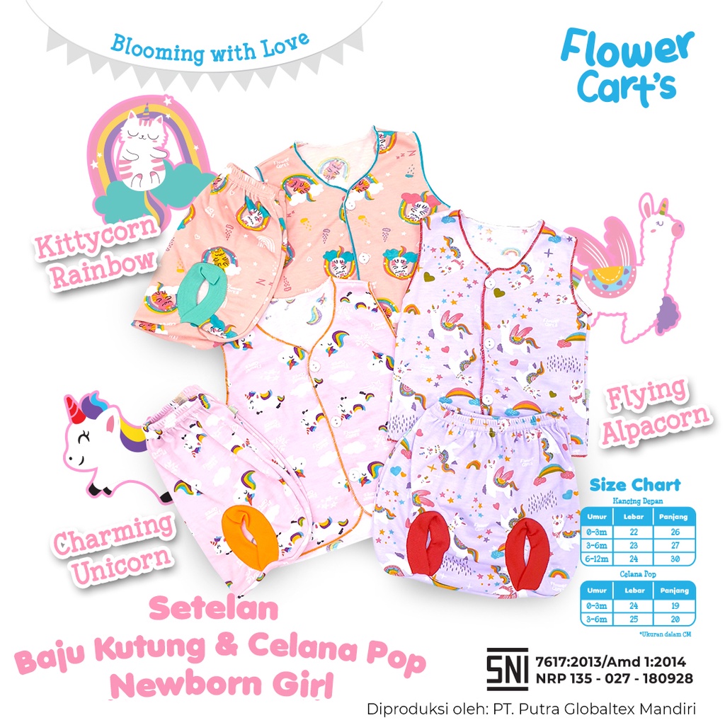 Baju Celana Bayi Size 0-3 / 3-6 SNI Motif Boy Girl/ Baju Celana Oblong Panjang Pendek Kutung Pop Singlet Kaos Flower Cart's