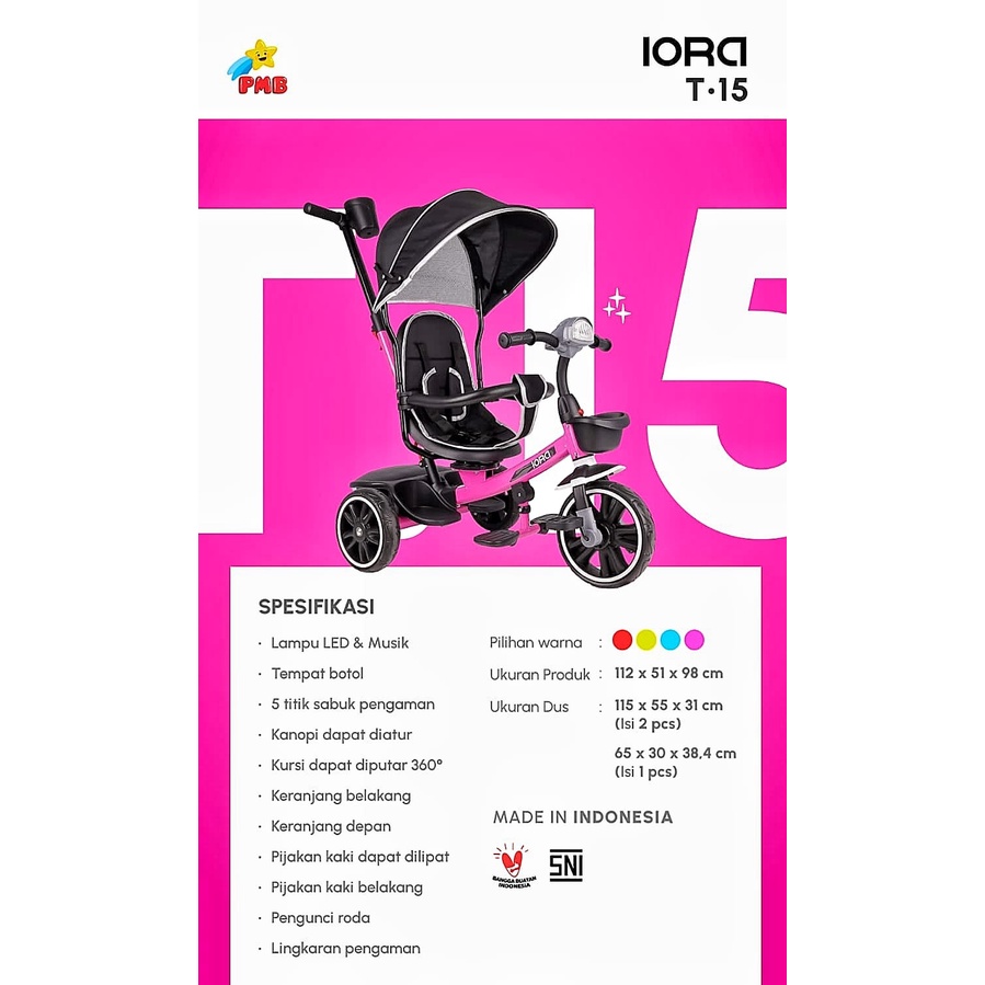 Sepeda Anak Roda 3 Kanopi Baby Tricycle PMB IORA T15 Sepeda Roda Tiga