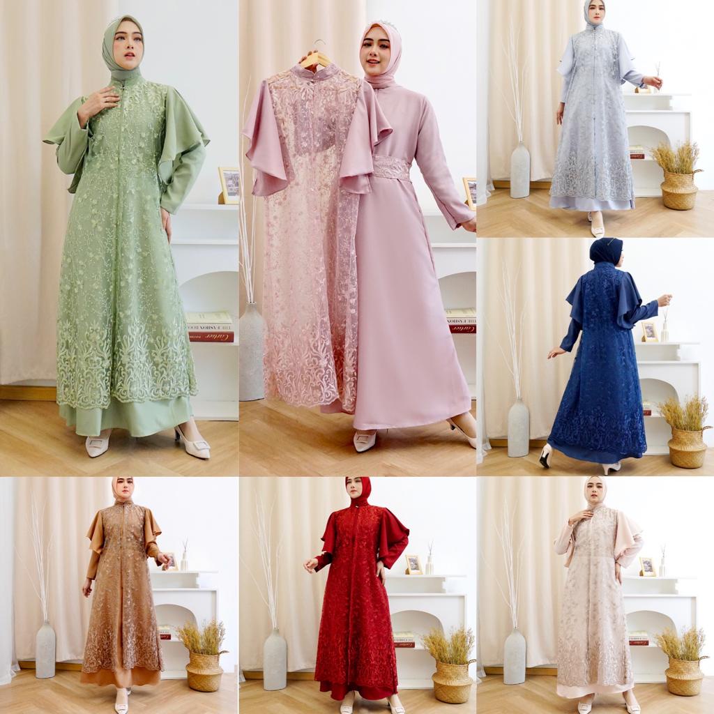 (Pasti Realpict) 2IN1 GEORGINA DRESS INNER + OUTER BRUKAT TILLE PREMIUM / FREE BELT / SET GAMIS MAXI DRESS KONDANGAN