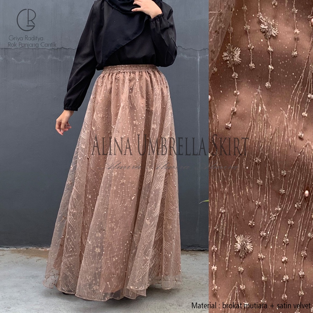Rok Brukat Satin Payung  Kondangan Alina Umbrella Skirt Brokat Mutiara Almira Panjang 100cm Gratis Potong