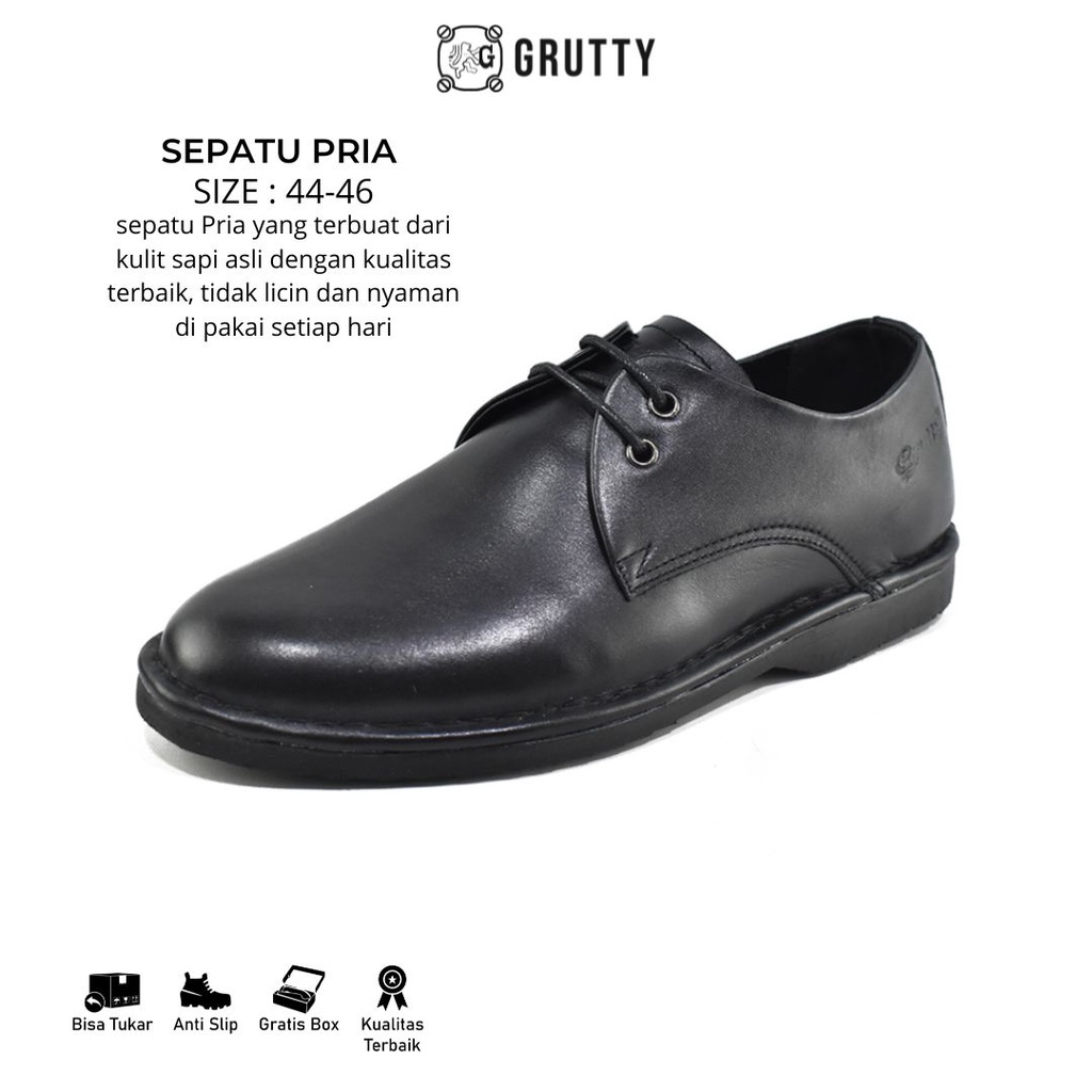 Grutty Sepatu Pria Big Size Pantofel Model Tali Kulit Asli Formal Kasual Hitam DC017