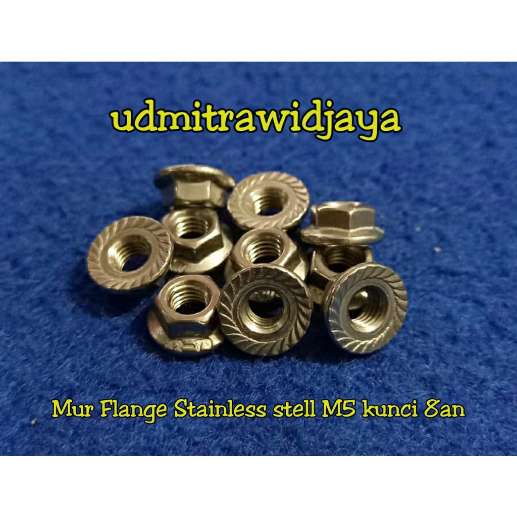 Mur flange stainless stell M5 p 0,8 P0,8 drat standart kunci 8mm setara kunci 8an Mur topi ss baut visor  Nut flange stenlis drat 0.8 kunci 8an mur flange stenlis asli type THE A2-70 Stainless 304 mur topi variasi mur hex flange nut SS mur anti karat