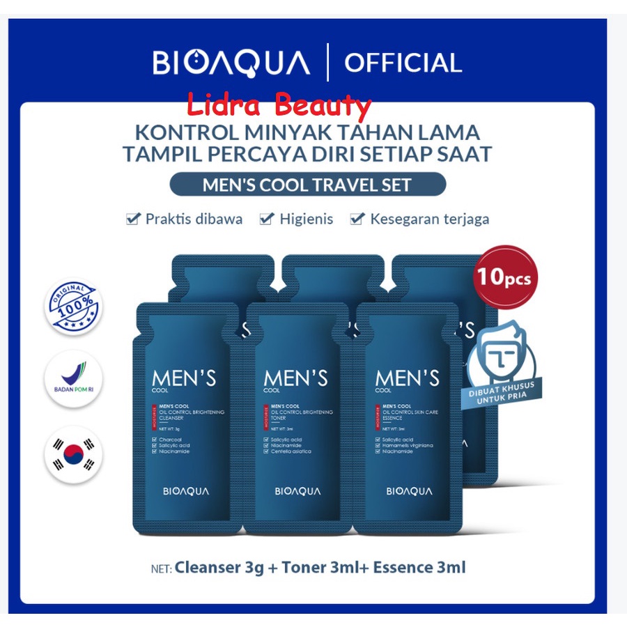 Lidra BPOM Bioaqua Men's Cool Travel SkinCare Set With Cleanser/Toner/Essence Sachet