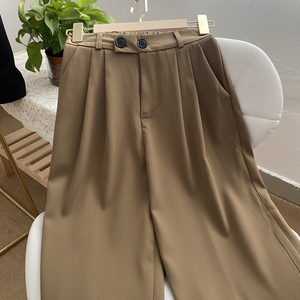 [Import]Celana Panjang Hitam Loose Kancing Dua Wanita Korean Style High Waist Straight Pants