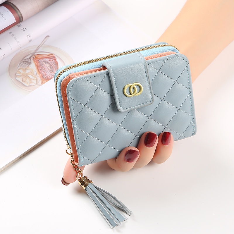 ♥DPS829♥ Dompet Wanita Pendek Bersulam Berlian Cek Baru Dompet Kulit Wanita Kecil Warna Solid Berkualitas Tinggi Dompet Mini Lucu Berkapasitas Besar Dompet Ritsleting Mewah Fashion Impor Dompet Ritsleting Dompet Wanita Yang Murah Dan Serbaguna (SC-2)