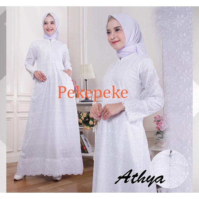 Baju Gamis Wanita Bahan Katun Bordir Putih Premium Renda Kerancang, Gamis Haji Umroh Athya