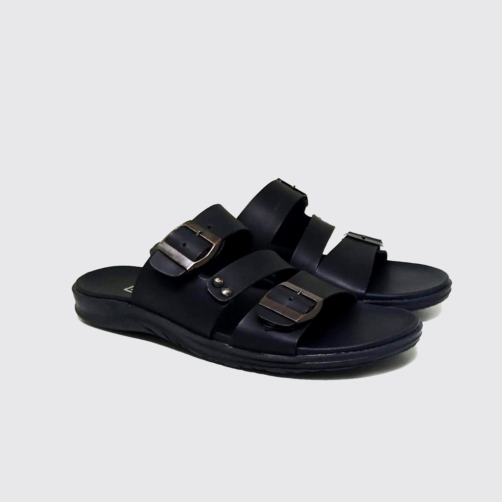 DERICK X ZAGIB | Sandal Pria Kulit Asli Full Black &amp; Brown / Sendal Flat Cowo Style