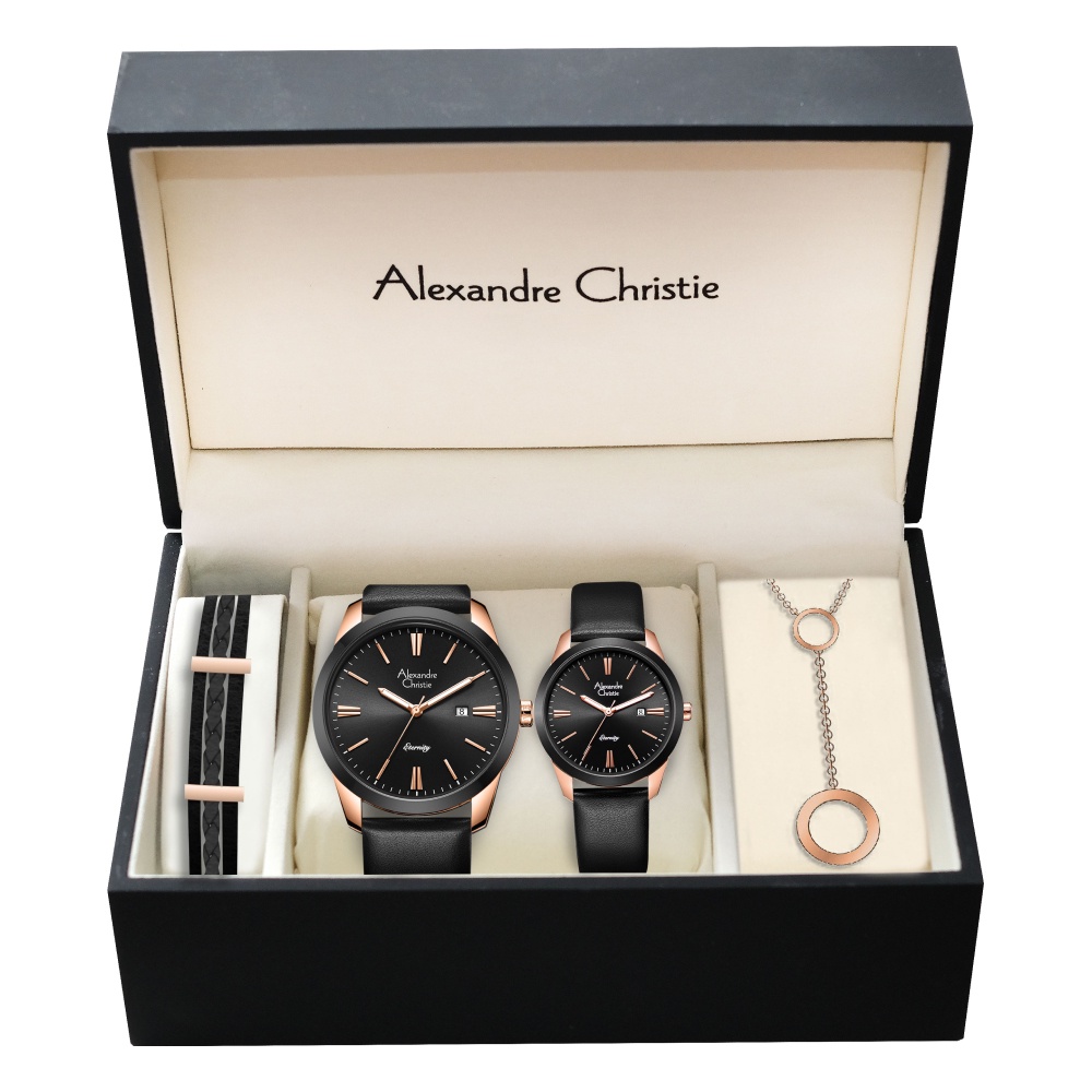 Jam Tangan Alexandre Christie Pair Couple Date Leather Black Rose Gold Black Dial 42mm/36mm - AC8668