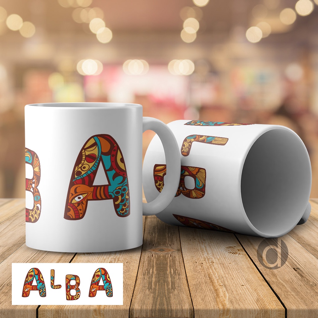 Mug Gelas Custom Nama Alphabet Huruf Motif Batik