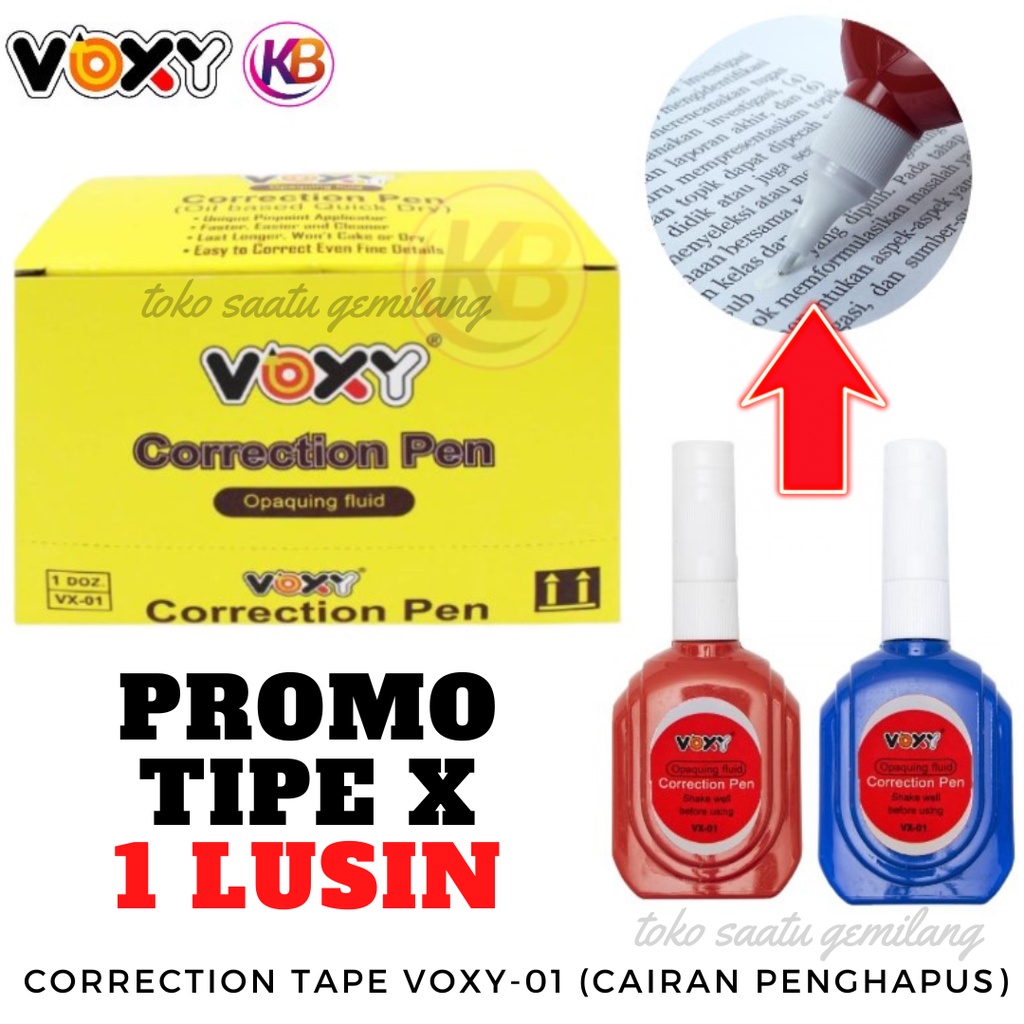 

LUSINAN Voxy Tip Ex Cair / Stipo / Correction Pen / Tip X Voxy Botol Merah VX-01/ Corr Pen Murah (12 Pcs) / Toko Gemilang