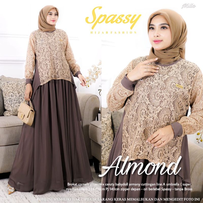 COD 23 NEW || ALMOND DRESS MAXI ORI SPASSY dress premium bahan brokat cornelli gliter mix ceruty bab
