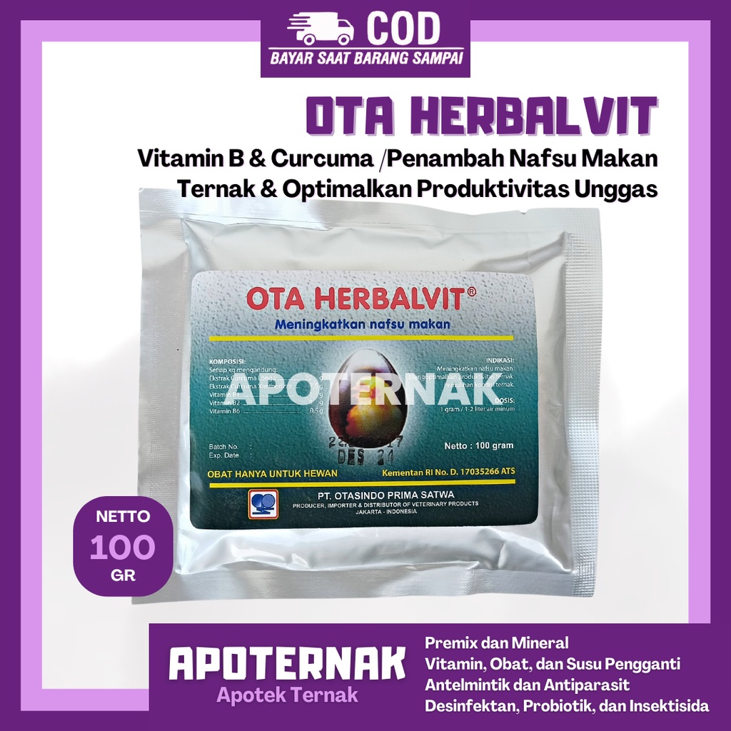 OTA HERBALVIT 100 gr | Penambah Nafsu Makan &amp; Metabolisme Tubuh Unggas | Vitamin B, Kunyit, &amp; Curcuma Temulawak