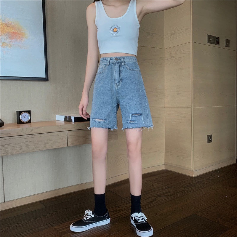 Celana Pendek Wanita Terbaru Celana Bahan Korean Style Ripped Jeans High Waist