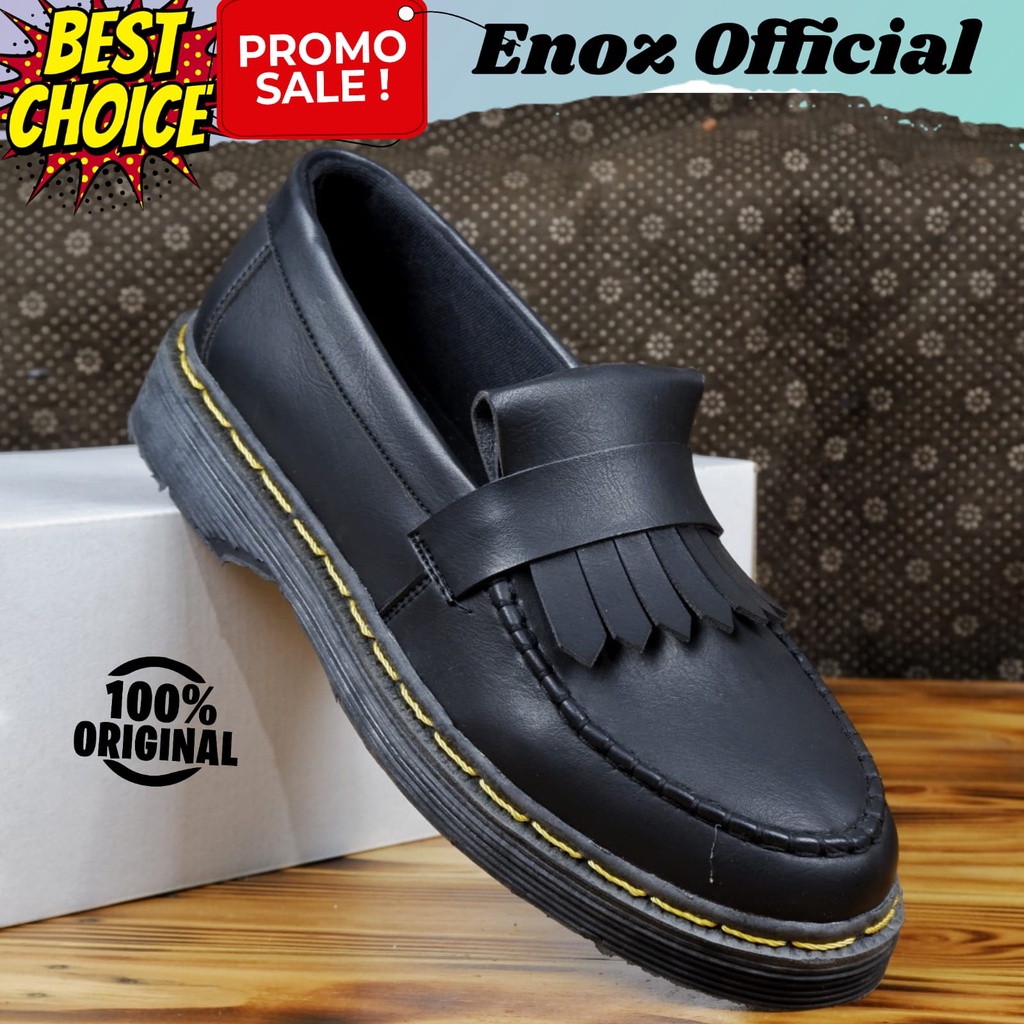 Sepatu Loafers Pria Casual Formal Slip On Hitam Sepatu Selop Doxmart Pantofel Kerja Kulit PU Penny Loafer Sintetic Premium Enoz Eyebrow