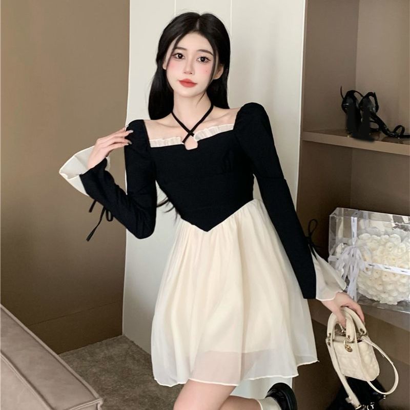 Rok A-line pelangsing pinggang tinggi baru wanita gaun lengan panjang jala