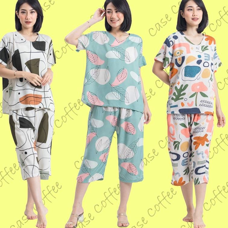 SIAP KIRIM SETELAN BAJU TIDUR PIYAMA WANITA DEWASA CELANA 7/8 ONE SET PIAMA KATUN RAYON PREMIUM