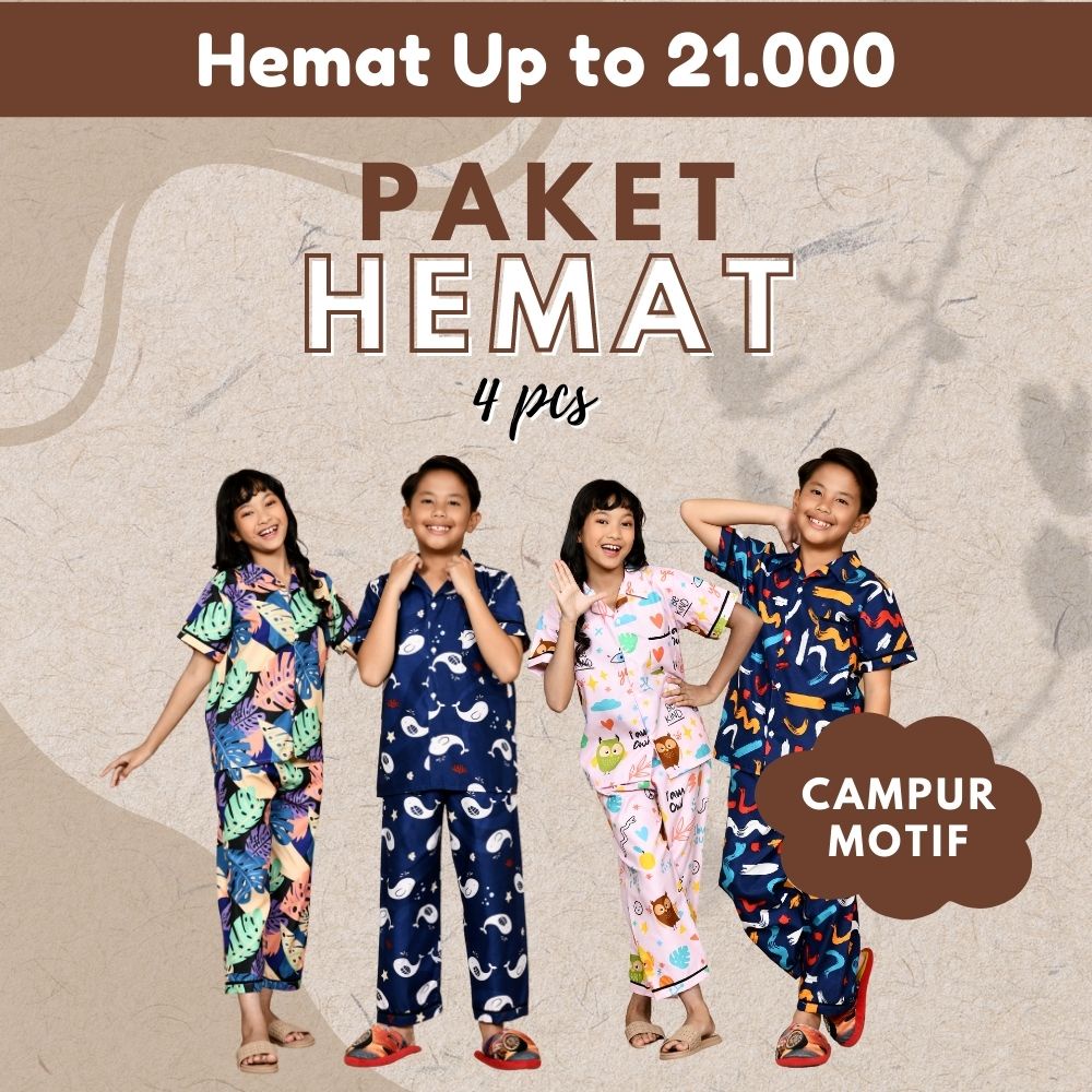 Paket Hemat Piyama Anak Junior ( Size 8, 10, 12 )  ( 4 Pcs ) / Piyama Anak Perempuan / Piyama Anak Laki / Baju Tidur Anak / Setelan Piyama Celana Panjang Lengan Pendek