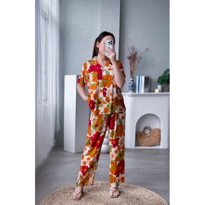 Setelan Rayon Celana Panjang Motif Bunga One Set Rayon Wanita