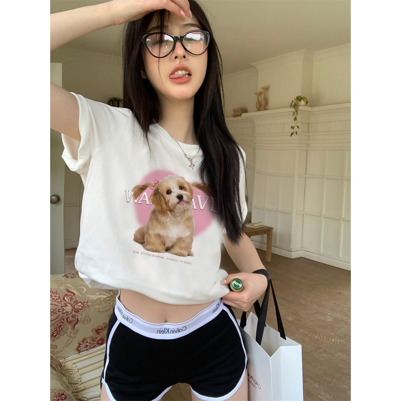 EUNII T-shirt Lengan Pendek Cartoon Pink Dog Korean Style/Kaos Atasan Wanita/Baju Kaus Oversize Wanita/Kaos Wanita