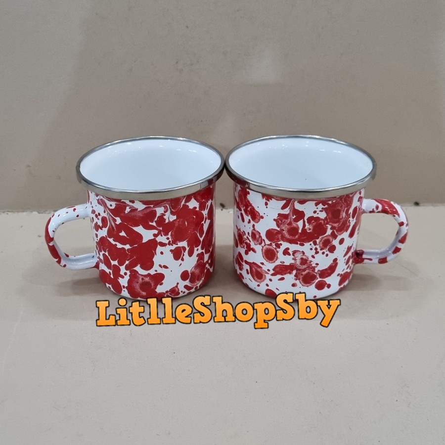 Gelas Cangkir Mug Enamel 6cm Merah Blirik Loreng Marble