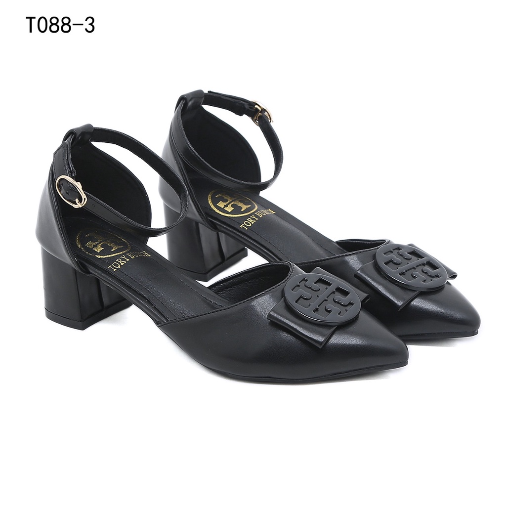 TB Logo Bow Ankle Strap Pump Block Heel T088-3