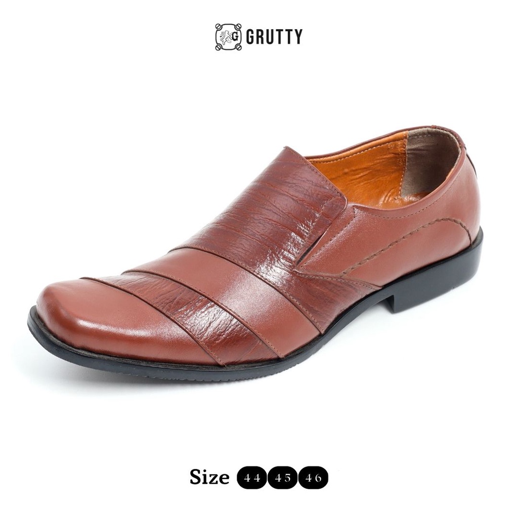 Sepatu Pria Formal Pantofel Kulit Asli Tanpa Tali Big Size Ukuran Besar GRUTTY DC014 Coklat